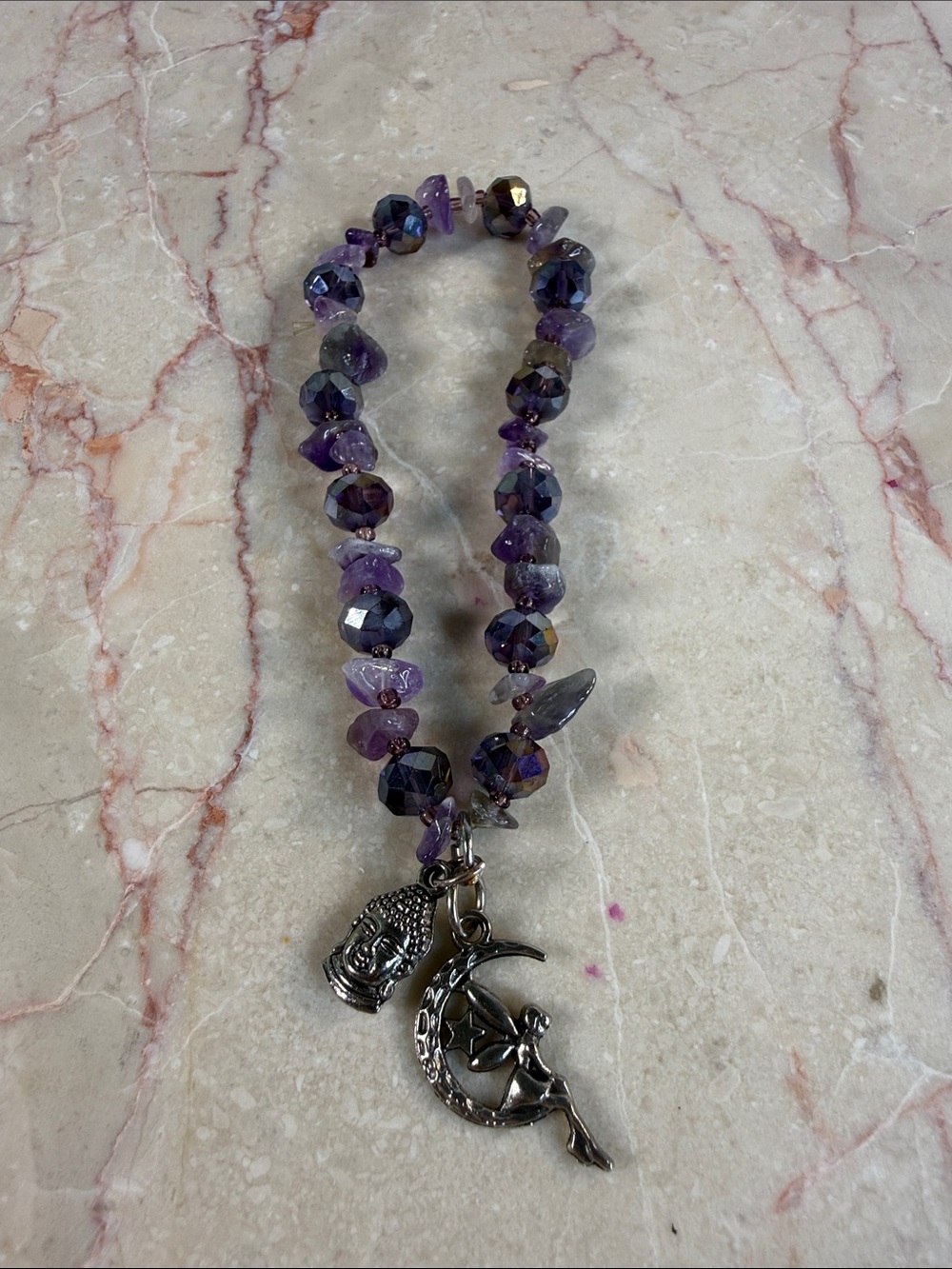 Purple Beaded Charm Bracelet with Crescent Moon and Buddha Charms